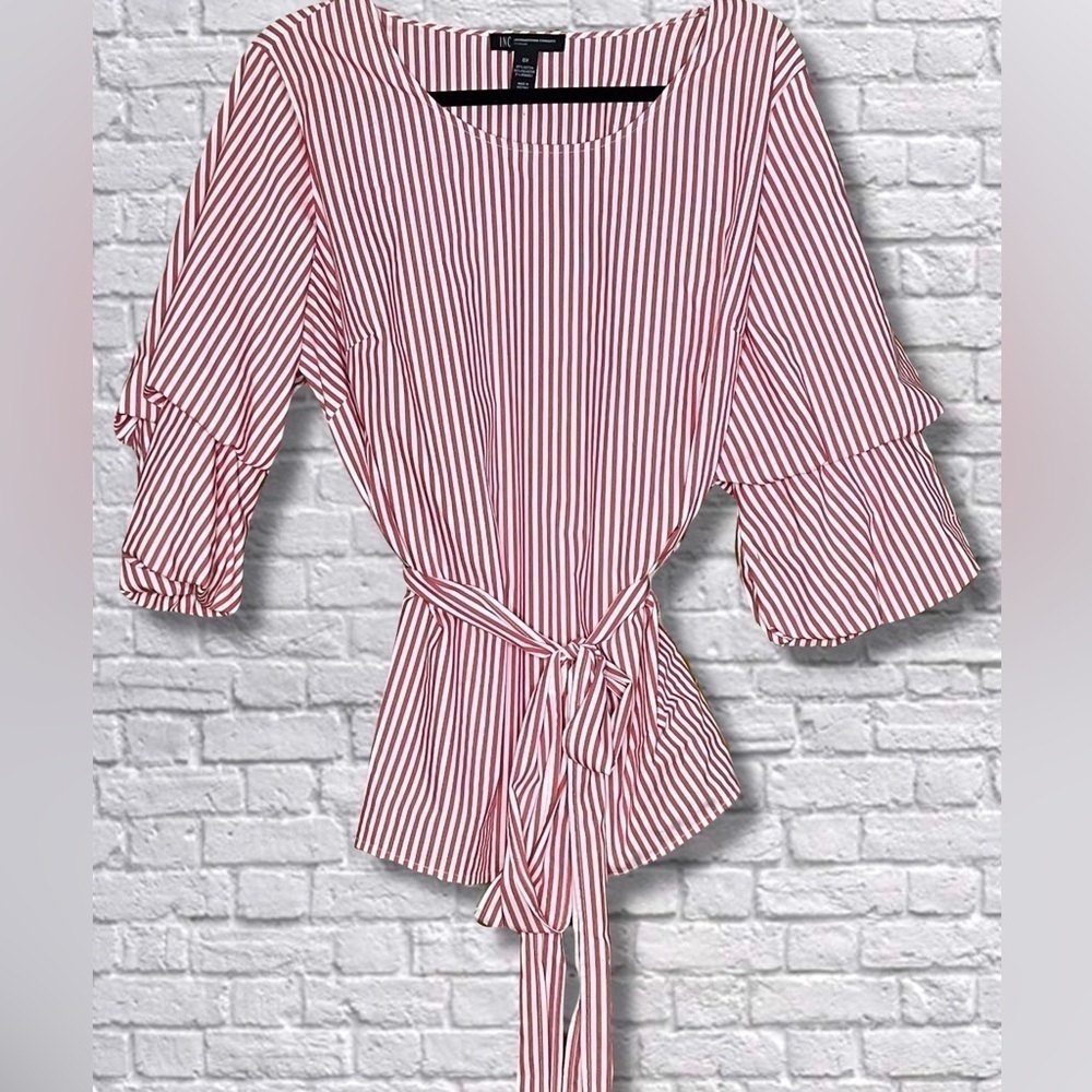 I.N.C Red and White Striped Tie Waist Blouse with Ruffled Sleeves